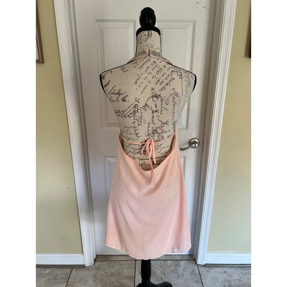 Tobi Pink Halter Mini Dress Chiffon Beaded Collar/neckline Shift Backless HoCo M - Picture 4 of 8